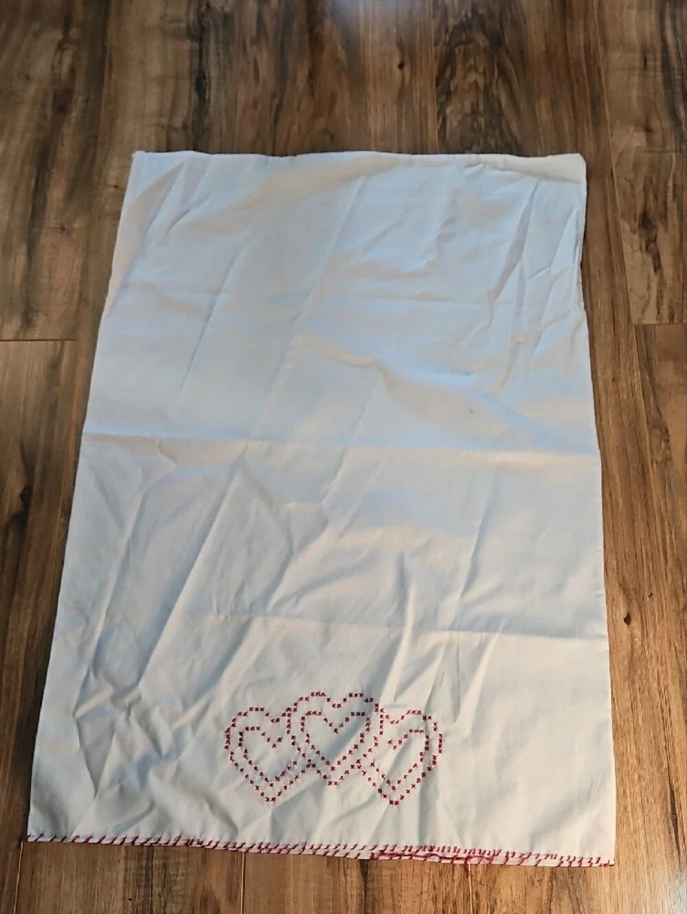 Hand Crafted White Pillowcases with Red Heart Embroidered Stitching